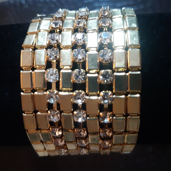 Avon Vintage Gold Tone Cuff Bracelet w/ 3 Lines of Rhinestones - Picture 3 of 9